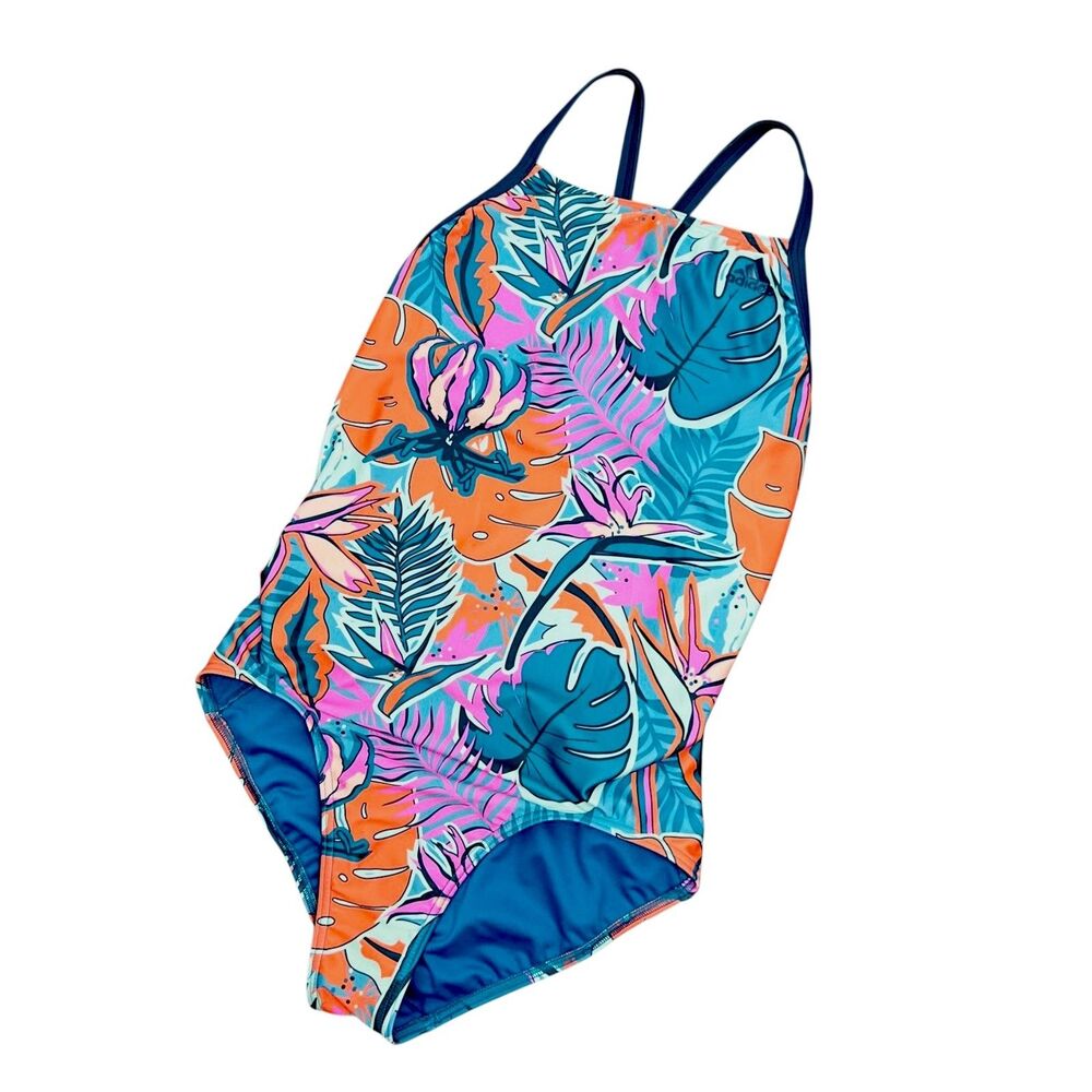 Adidas One Piece Swim Suit Youth Extra Large Green Orange Tropical Beach Active